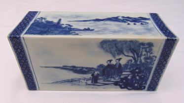 An oriental rectangular blue and white ceramic brick decorated with figures in a landscape , 28 x