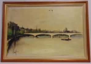 David Arnott framed 20th century oil on canvas of London Bridge, signed lower left and dated to