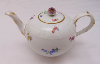 Meissen teapot bombè form decorated with floral sprays and bud finial to pull off cover, marks to