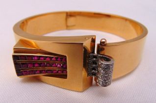 Gold Art Deco bracelet set with rubies and diamonds, tested 14ct approx total weight 46.6g