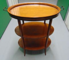 An early 20th century oval tea table with removable glass tray all on four tapering rectangular