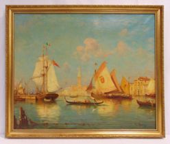 Vincent Manago framed oil on canvas of sailing boats and gondolas on the Grand Canal in front of the