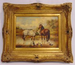 A framed oil on panel of horses in a river, 29 x 39.5cm