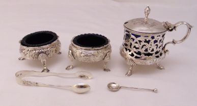 A quantity of hallmarked silver and silver plate to include an Irish mustard pot with blue glass