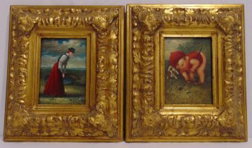 A pair of framed oils on panel, of a lady golfer and a child playing golf, 16.5 x 11.5cm