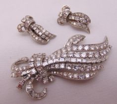 Platinum and diamond brooch and matching clip on earrings, approx total weight 31.6g