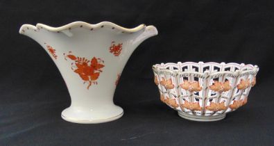 Herend flared vase decorated with flowers and leaves and a Herend basket with applied stylised maple