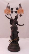 An Art Nouveau style bronzed figural table lamp of a lady on raised circular base, 76.5cm (h)