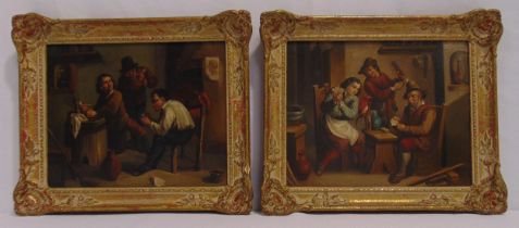 A pair of framed oils on board paintings of interior scenes, in the North European tradition, each