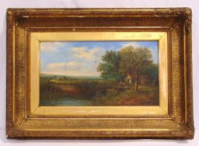 Edwin Buttery framed oil on canvas of figures by a house near a pond, signed bottom right, 24.5 x