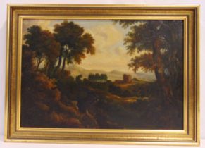 A framed oil on canvas of a landscape in 18th century style, 26.5 x 39.5cm