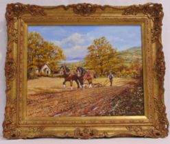 Stephen Cummins framed oil on canvas of shire horses ploughing a field, signed bottom right, 39 x