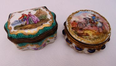 Two continental polychromatic ceramic and gilt metal boxes, the circular box with hinged cover