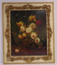 A framed oil on canvas still life of flowers in the Dutch 17th century style, bears plaque for T Van