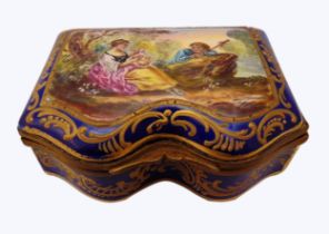 Sevres porcelain and gilt metal snuff box of cartouche form decorated with figures in a garden and