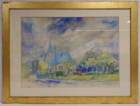 Charles Mozley framed and glazed watercolour and pastel titled The Church of Étretat Normandy