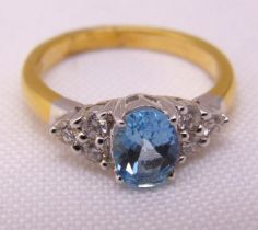 18ct yellow gold, blue topaz and diamond ring, approx total weight 3.8g