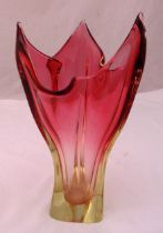 A mid 20th century polychromatic art glass vase of stylised leaf form, 38cm (h)