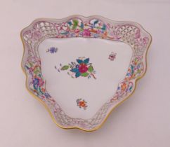 Herend triangular pierced dish decorated with flowers and leaves, marks to the base, 26 x 25cm