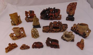 Fifteen Chinese soapstone carvings to include figural, animal and foliate brush pots, varying size