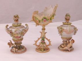 Sitzendorf shell shaped comport and a pair of matching pot pourri holders (3) A/F, tallest 18.5cm