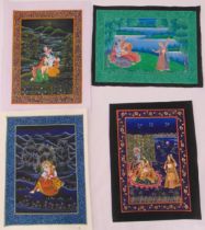 Four Indian paintings on silk, depicting lovers in a landscape, each 32 x 24cm