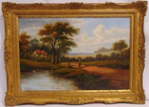 E Horton framed oil on canvas of figures on a country road near a pond, signed bottom left, 38.5 x