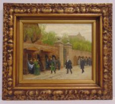 A framed oil on canvas of figures in a Victorian market, indistinctly signed bottom right, 33 x 40.