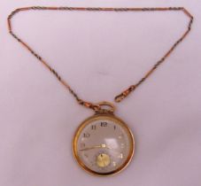 9ct open face pocket watch with subsidiary seconds dial and a gold plated Albert chain