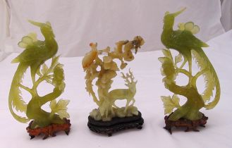 Three Chinese hardstone figurines of birds and a figure all on hardwood stands