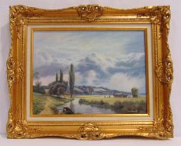G. Williams framed oil on panel landscape with river and trees, signed bottom right, 29.5 x 39.5cm