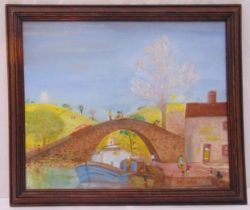 After Fred Yates framed oil on panel of figures by a bridge and house with a barge in the