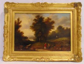 A framed oil on board of figures in a landscape, 24.5 x 36cm