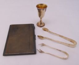 A hallmarked silver engine turned cigarette case, two pairs of hallmarked silver sugar tongs and a