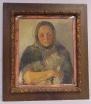 Amy Katharine Browning ROI (1881-1970) framed oil on canvas of lady with a headscarf, details to