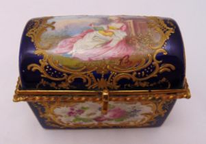 Sevres porcelain and gilt metal miniature jewellery casket the domed hinged cover decorated with a