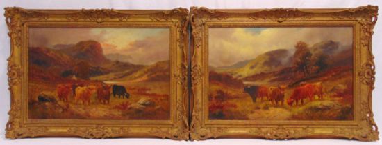 Charles W Oswald a pair of framed oils on canvas of Highland Cattle, 39 x 59.5cm