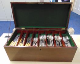 A mahogany canteen of silver plated flatware to include serving sets and fish eaters