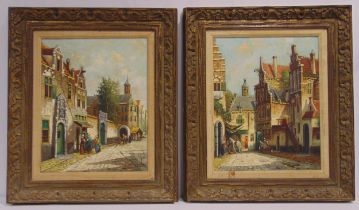 Peter Cornelis Steenhouwer a pair of framed oils on canvas of Dutch street scenes signed bottom