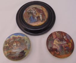 Three Victorian pot lids, one in circular wooden frame, largest 18cm (dia)