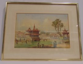 Emile Roux framed and glazed watercolour of Chinese figures and a Pagoda signed bottom right, 21.5 x