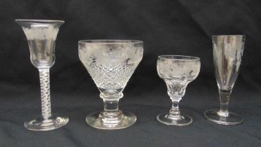 Four 19th century glasses of various form to include a rummer, a toasting glass and wine glasses