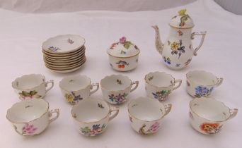 Herend coffee set decorated with floral sprays to include a coffee pot, covered sugar bowl, cups and