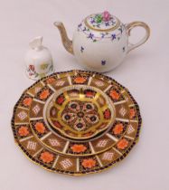 A Herend teapot with flower finial, three Royal Crown Derby dishes and a Royal Worcester table