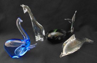 A quantity of studio glass animals to include a giraffe, an elephant, a whale and a dolphin (4)