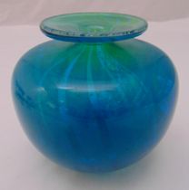 A Mdina studio glass vase of compressed circular form with everted circular rim, 16cm (h)