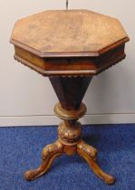 Victorian octagonal trumpet form sewing box the inlaid top revealing fitted interior on foliate