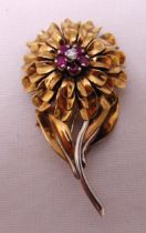 9ct gold, ruby and diamond brooch, approx total weight 20.8g