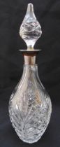 A cut glass decanter with drop stopper and hallmarked silver collar, 37cm (h)