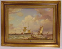 A framed oil on canvas of a sailing boats at sea, indistinctly signed bottom right, 48 x 68.5cm